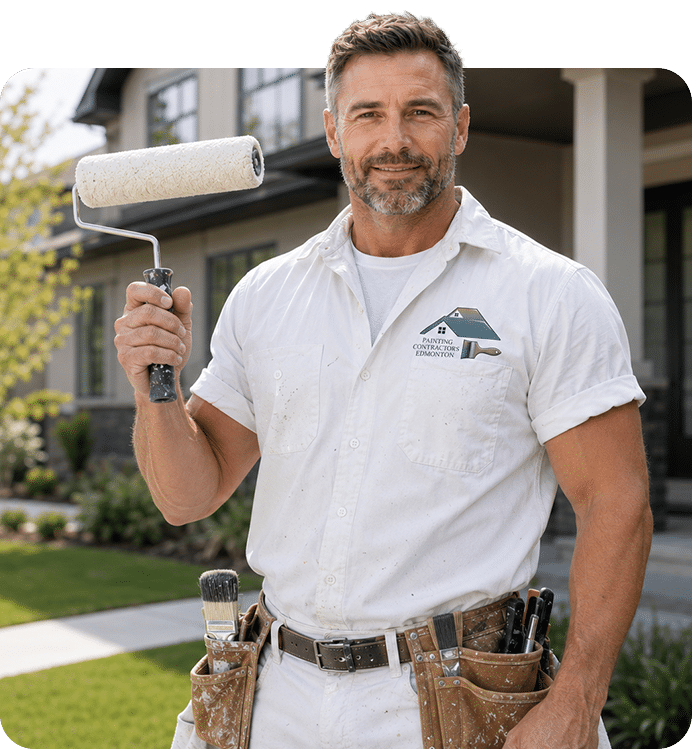 Exterior house painters Edmonton brushing siding on a Downtown Edmonton home