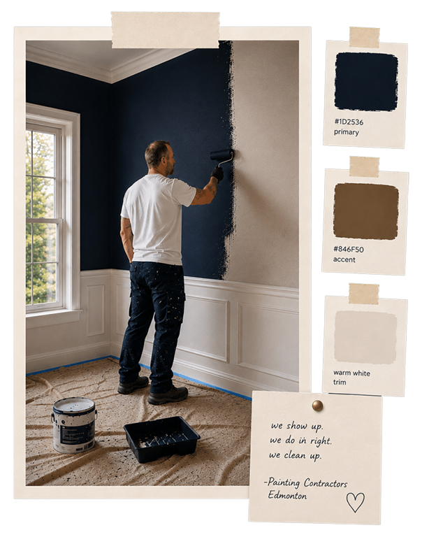 Interior house painters Edmonton rolling paint on a bedroom wall in a Canora home